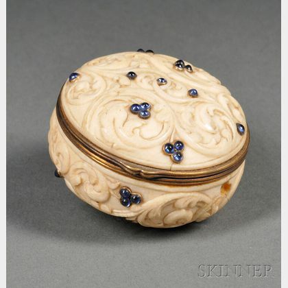 French Carved Ivory, Sapphire-set, and Gold-mounted Snuff Box