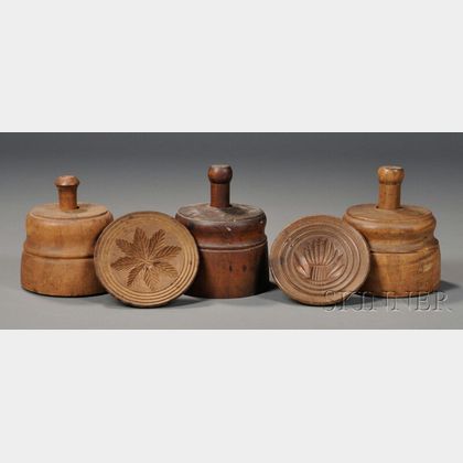 Three Carved Wood Butter Molds and Two Butter Stamps