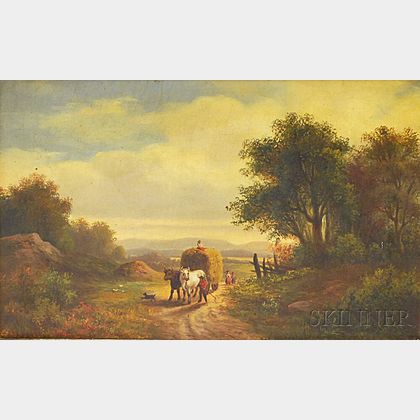 Anglo/American School, 19th Century Autumn Landscape with Hay Wagon