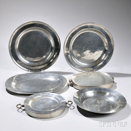 Four Pewter Dishes and Two Warming Basins