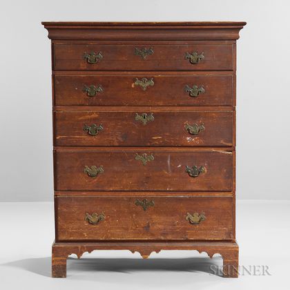 Red-painted Maple Tall Chest of Five Drawers