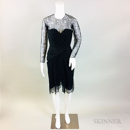 Oscar de la Renta Black Silk Cocktail Dress with Lace Overlay