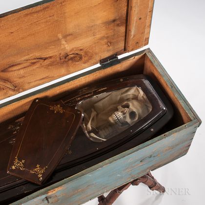Odd Fellows Coffin, Papier-mache Skeleton Bust, and Blue-painted Storage Box