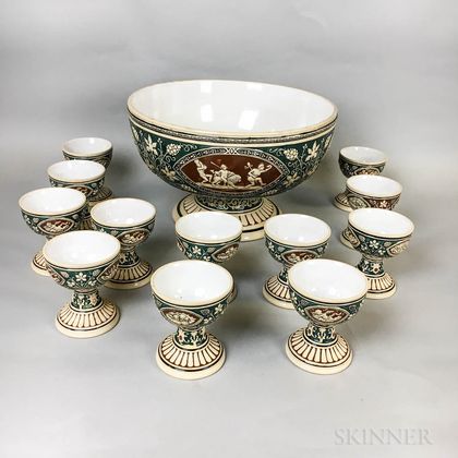 German Ceramic Punch Bowl and Set of Twelve Goblets
