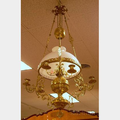 Art Nouveau Brass Hanging Kerosene Lamp with Milk Glass Dome Shade. 