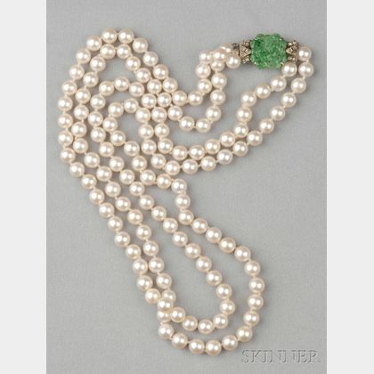 Double-strand, Cultured Pearl, and Jade Necklace