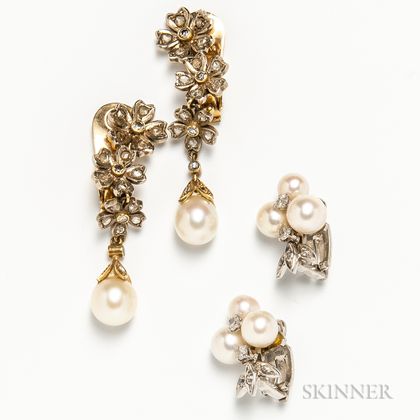 Two Pairs of 18kt Gold, Cultured Pearl, and Diamond Earclips
