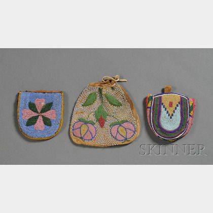 Three Plains Beaded Hide Pouches and Three Photographs