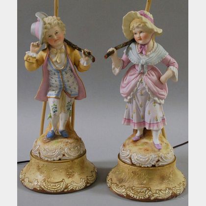 Pair of Painted Bisque Children in Fancy Dress Figures/Table Lamps