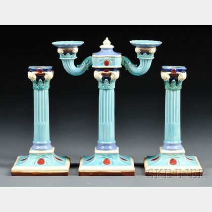 Three-piece Royal Worcester Majolica Candle Set