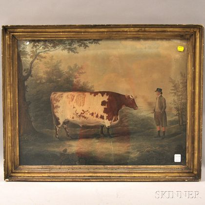 Giltwood Framed Hand-colored Print Portrait of a Bull with Driver