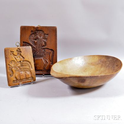 Two Figural Food Molds and a Carved Wooden Bowl