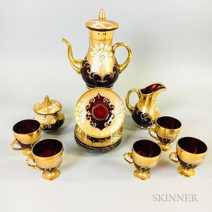 Thirteen-piece Painted and Enameled Ruby Glass Coffee Set. Estimate $20-200