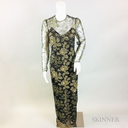 Oscar de la Renta Black Silk Gown with Gold Lace Overlay