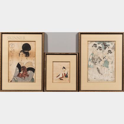 Five Framed Works of Print and Painting Depicting Beauties