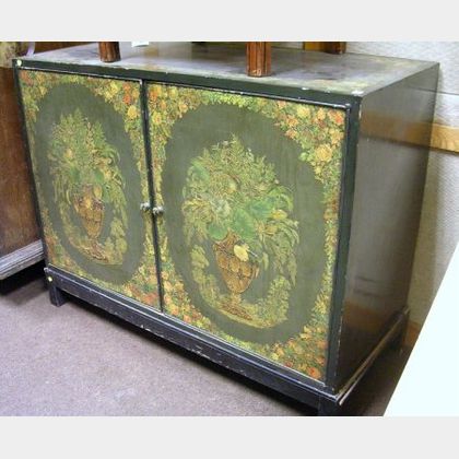 Modern Decoupage Decorated Black Lacquered Two-Door Linen Cabinet