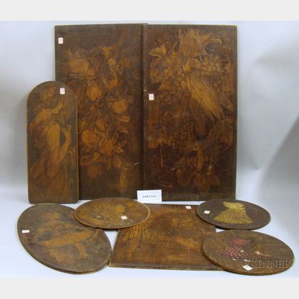 Fourteen Early 20th Century Pyrographic Decorated Wood Panels