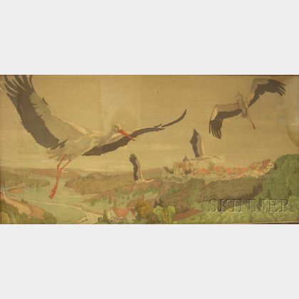 Framed 20th Century German School Lithograph of Storks