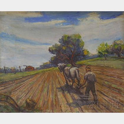 Framed Oil on Canvas Ploughing Scene by William Fisher (American, 1891-1985)