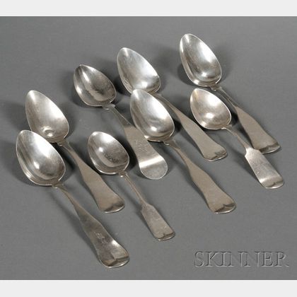 One Plated and Seven Coin Silver Tablespoons