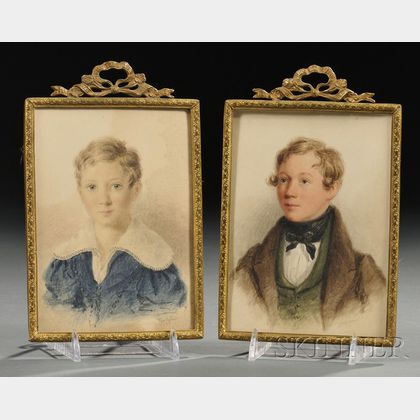 French School, 19th Century Lot of Two Framed Miniature Portraits of a Young Boy