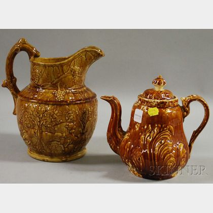 Rockingham Glazed Pottery Hunt Pitcher and a Teapot