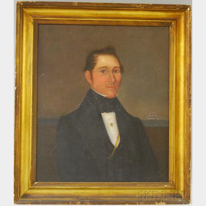 American School, 19th Century Portrait of a Gentleman with Distant Sailing Ship.