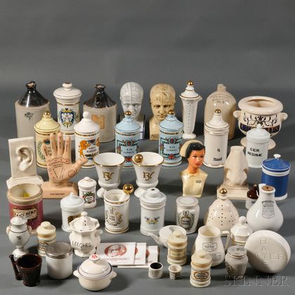 Large Group of Ceramic Pharmaceutical Jars and Bottles