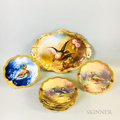 Ten-piece Set of Limoges "Coronet" Hand-painted Gamebird-decorated Porcelain Tableware. Estimate $200-400