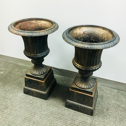 Pair of Black-painted Cast Iron Garden Urns