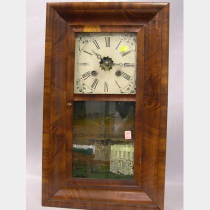 Waterbury Clock Co. Mahogany Veneer Ogee and Independence Hall Transfer Glass Tablet Shelf Clock. 
