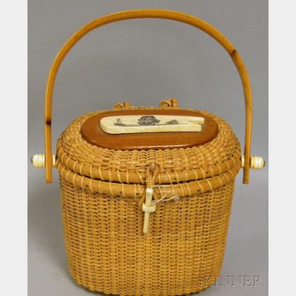 Woven Nantucket Basket Purse with Scrimshaw-decorated Ivory Plaque
