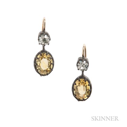Yellow Sapphire and Old Mine-cut Diamond Earrings