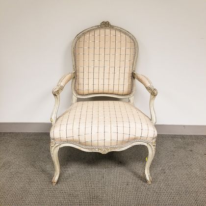 Louis XVI-style Gray-painted and Upholstered Fauteuil