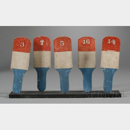 Five Red, White, and Blue Painted Carnival Game Paddles