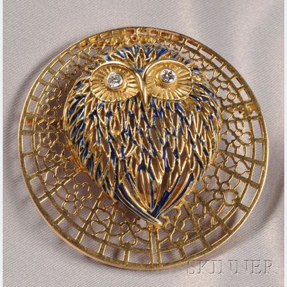 18kt Gold, Enamel, and Diamond Owl Pendant/Brooch