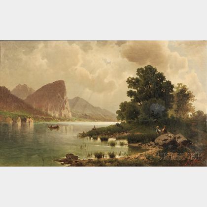 Italian School, 19th Century Lake Scene with Boaters and Figures on the Shore