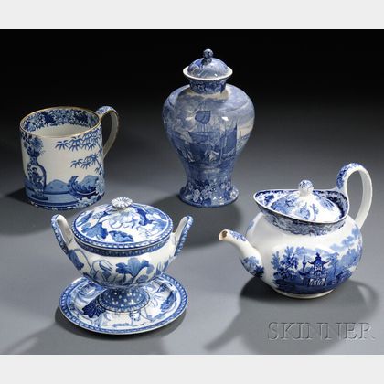 Four Wedgwood Blue Transfer-printed Pearlware Items