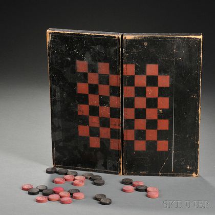 Small Black- and Red-painted Poplar Folding Game Board with Checkers
