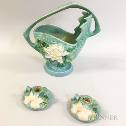 Roseville Pottery Pitcher and a Pair of Candlesticks