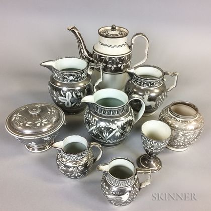 Nine Silver Resist Lustre Ceramic Tableware Items