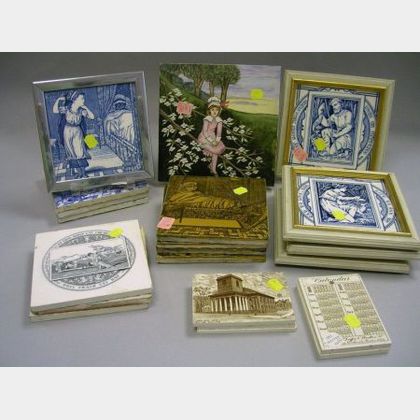 Fifteen Wedgwood Transfer Decorated Tiles, a Minton Handpainted Tile, and Five Wedgwood Calendar Tiles