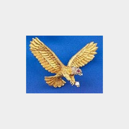 18kt Gold, Ruby, and Diamond Eagle Brooch