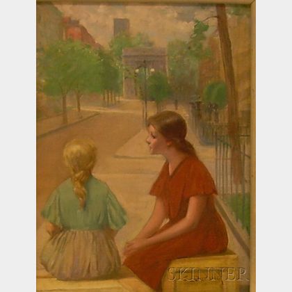 E. Leon Durand (American, 19th/20th Century) Girls in Washington Square Park