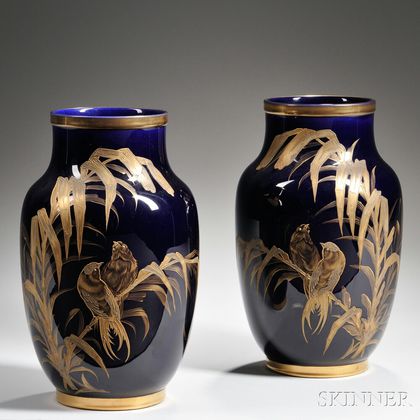 Pair of Luneville Cobalt and Gilt-decorated Vases
