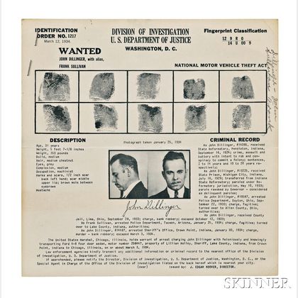 Dillinger, John (1903-1934) Wanted Poster, and Related Documents, Mid-March 1934.