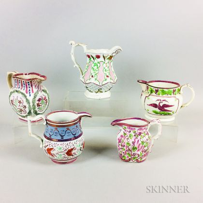 Five Pink Lustre Ceramic Jugs