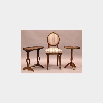 Two Louis XVI Style Parquetry Tables and an Upholstered Carved Beech Side Chair