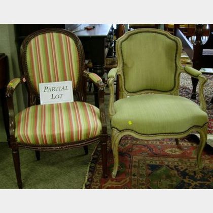 Pair of Louis XVI Upholstered Painted Wooden Fauteuils and a Louis XVI Style Upholstered Painted Carved Wood Armchair. 