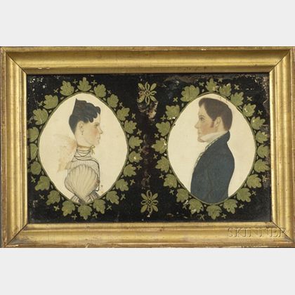 Attributed to Rufus Porter (American, 1792-1884) Pair of Miniature Portraits of Charles Sherwin and His Wife Hanna.
